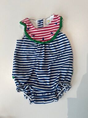 Florence Eiseman Blue White Striped Baby One-Piece with Pink Bib and Green Trim